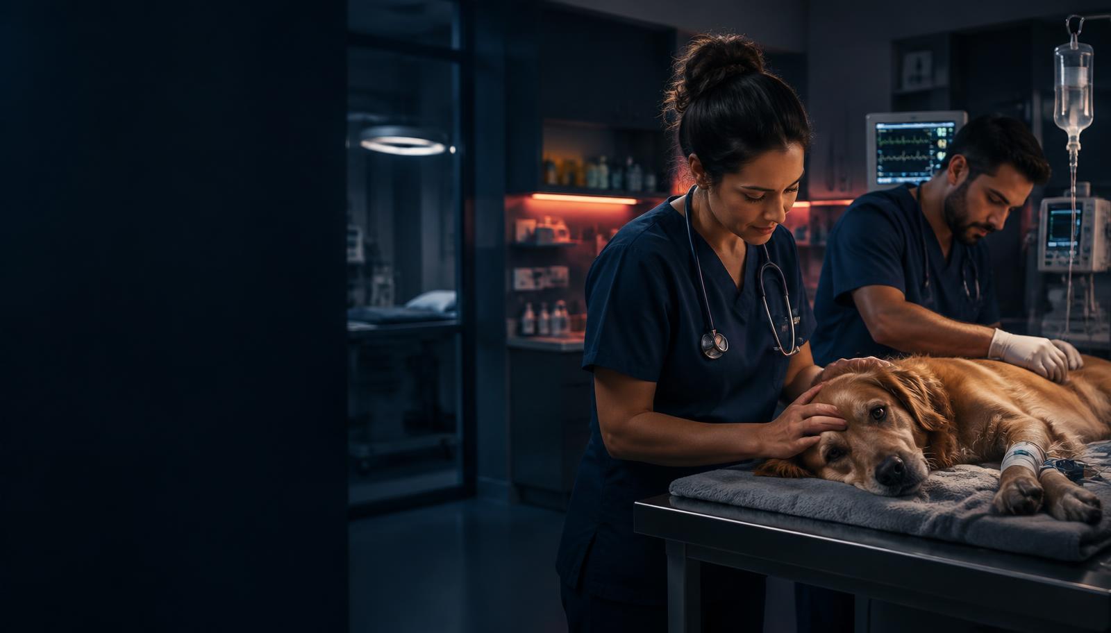 Equipe veterinária em atendimento de emergência